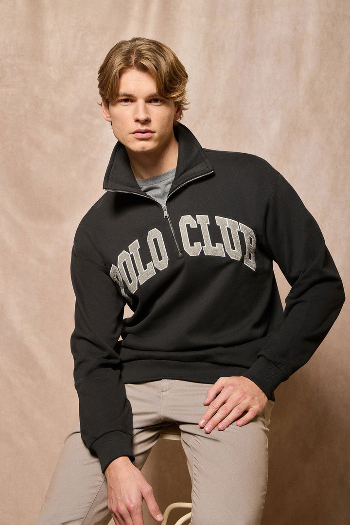 Sweat-shirt noir Seldon à fermeture éclair partielle avec imprimé Polo Club