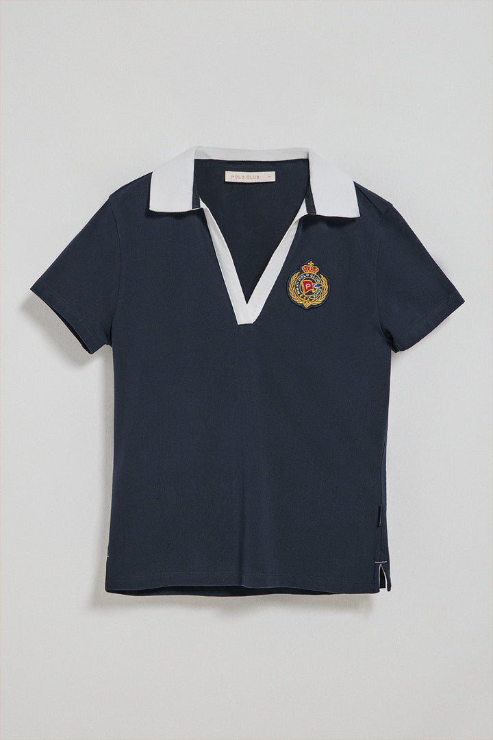 Poloshirt Nautic knopflos marineblau mit maritimen Motiv auf der Brust