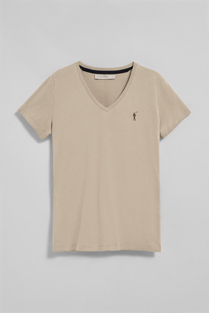 T-shirt beige à manches courtes et col en V avec broderie Rigby Go