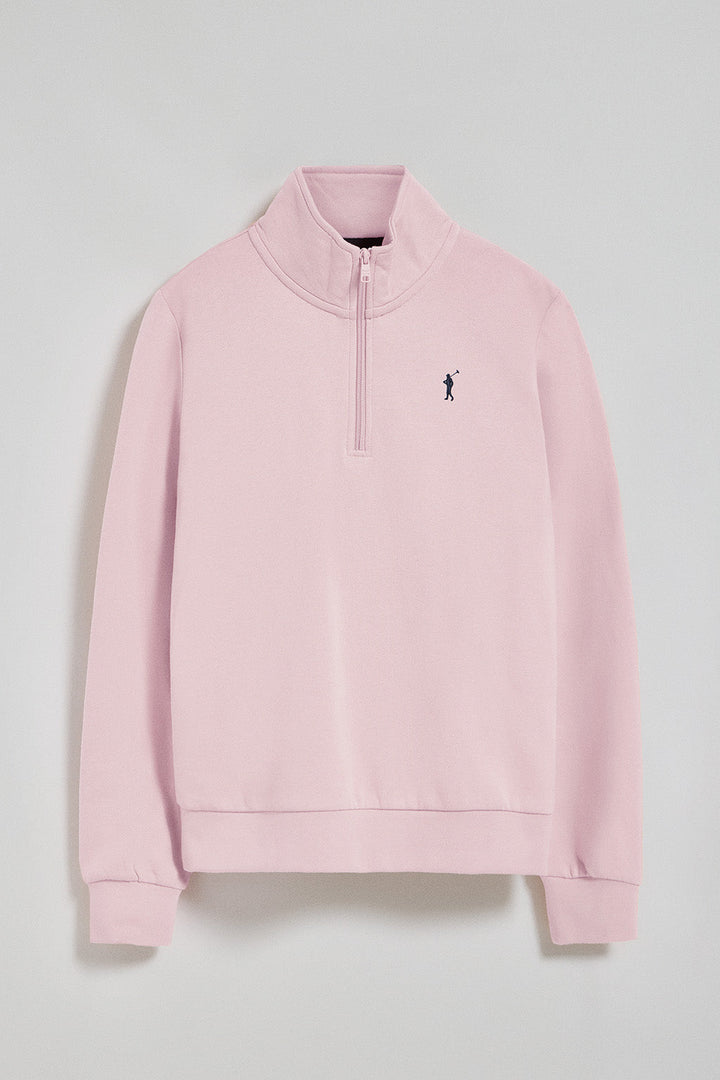 Roze sweater met halve rits en Rigby Go-logo