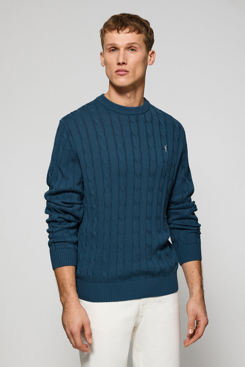 Maglione blu denim intrecciato a girocollo e ricamo Rigby Go