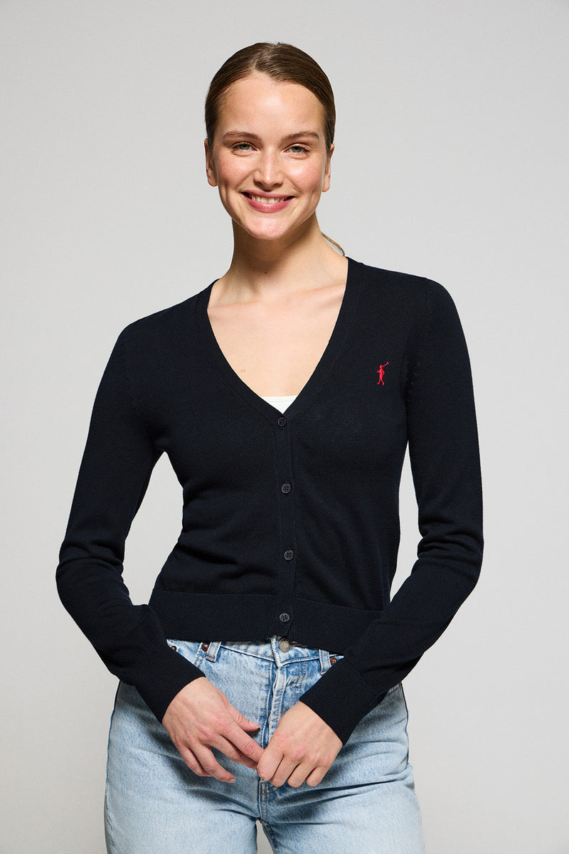 Navy-blue V-neck buttoned knit cardigan with Rigby Go embroidery