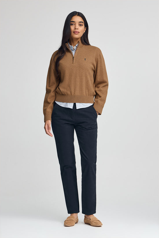 Pullover camel meliert aus Wollgemisch mit halbem Reißverschluss am Kr