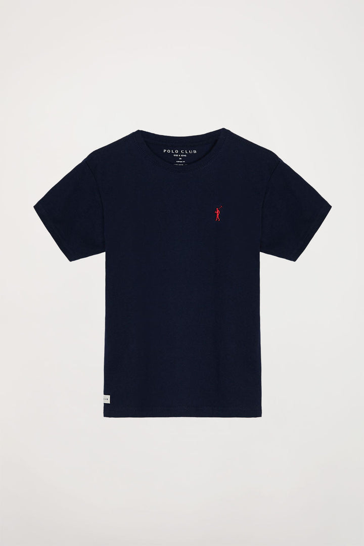 Camiseta azul marino con pequeño logo bordado