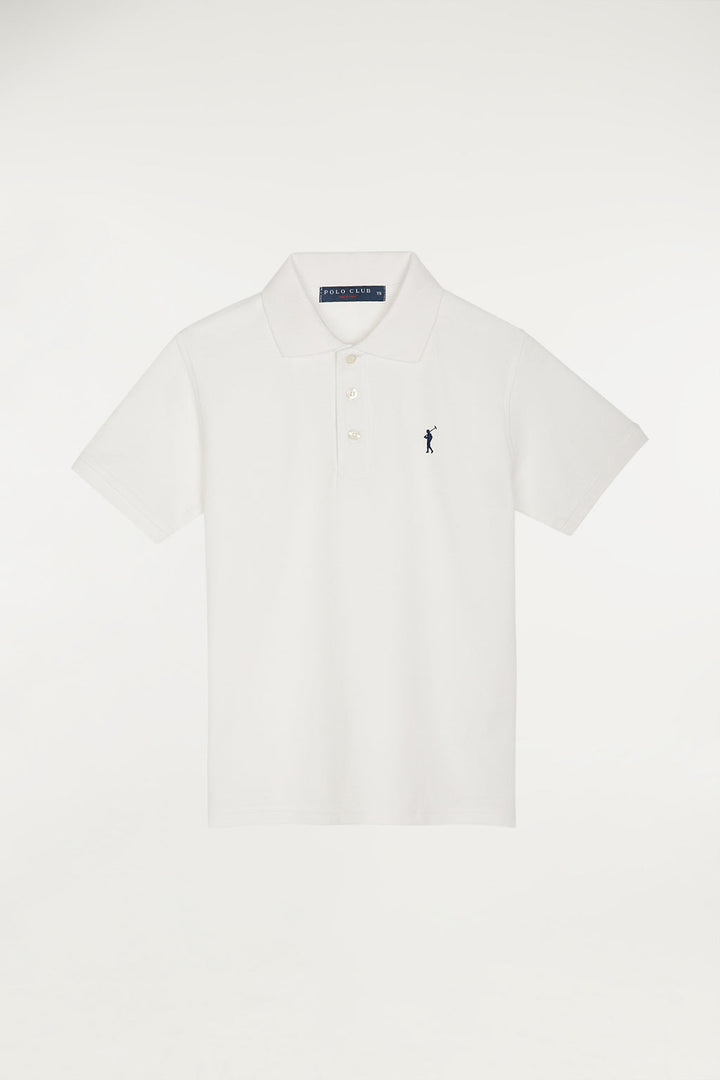 Biała dziecięca koszulka polo z krótkim rękawem i kontrastującym wyszywanym logo