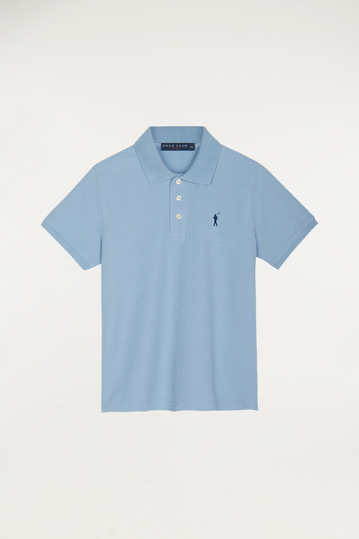 Błękitna dziecięca koszulka polo z krótkim rękawem i wyszywanym logo