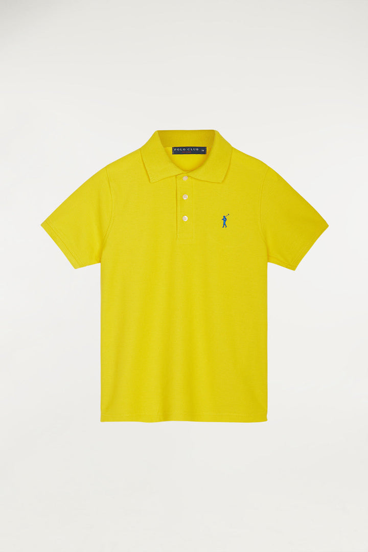 Yellow short-sleeve polo shirt for kids with contrast embroidered logo