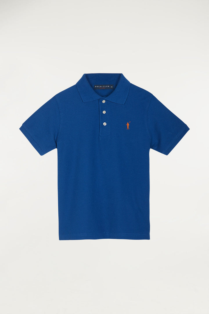 Royal-blue short-sleeve polo shirt for kids with contrast embroidered logo