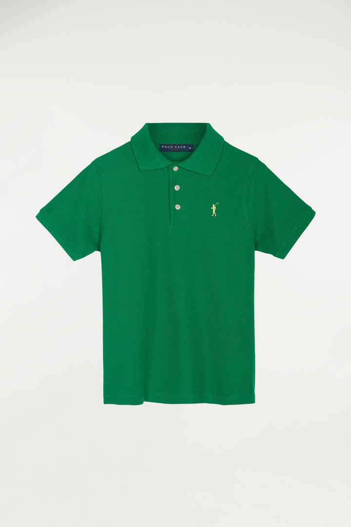 Green short-sleeve polo shirt for kids with contrast embroidered logo