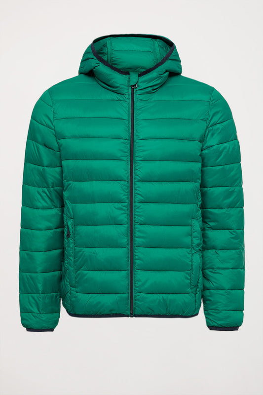 Green ultralight hooded jacket with translucent patch on chest