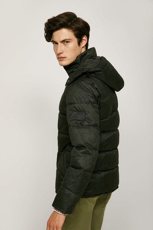 Green quilted parka with customised buttons and zip