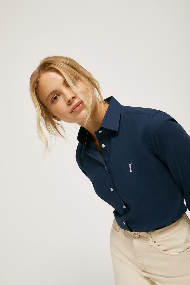 Camisa entallada azul marino de popelín con logo bordado | MUJER  | POLO CLUB