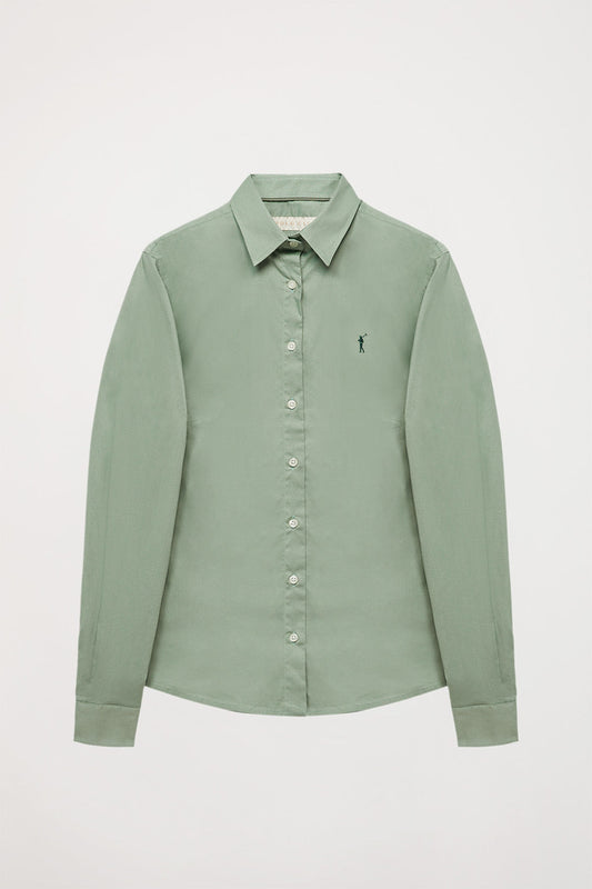 Camicia attillata verde chiaro in popeline con logo ricamato
