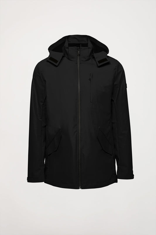 Black ultralight hooded raincoat with patch on sleeve