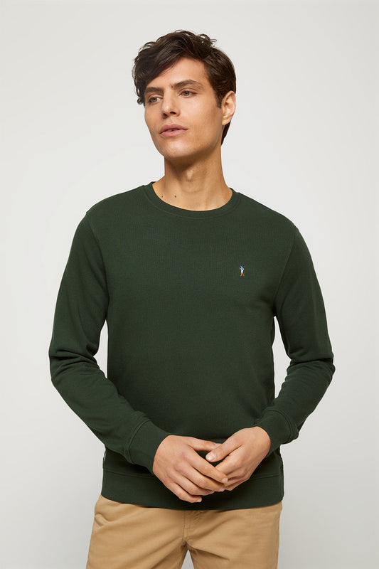 Green round-neck organic sweatshirt with multicoloured embroidered logo
