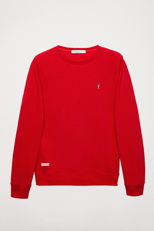 Red round-neck organic sweatshirt with multicoloured embroidered logo