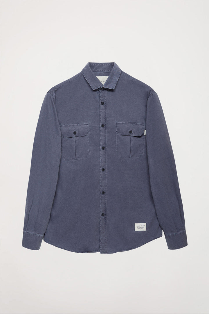 Blue délavé-cotton shirt with chest pockets
