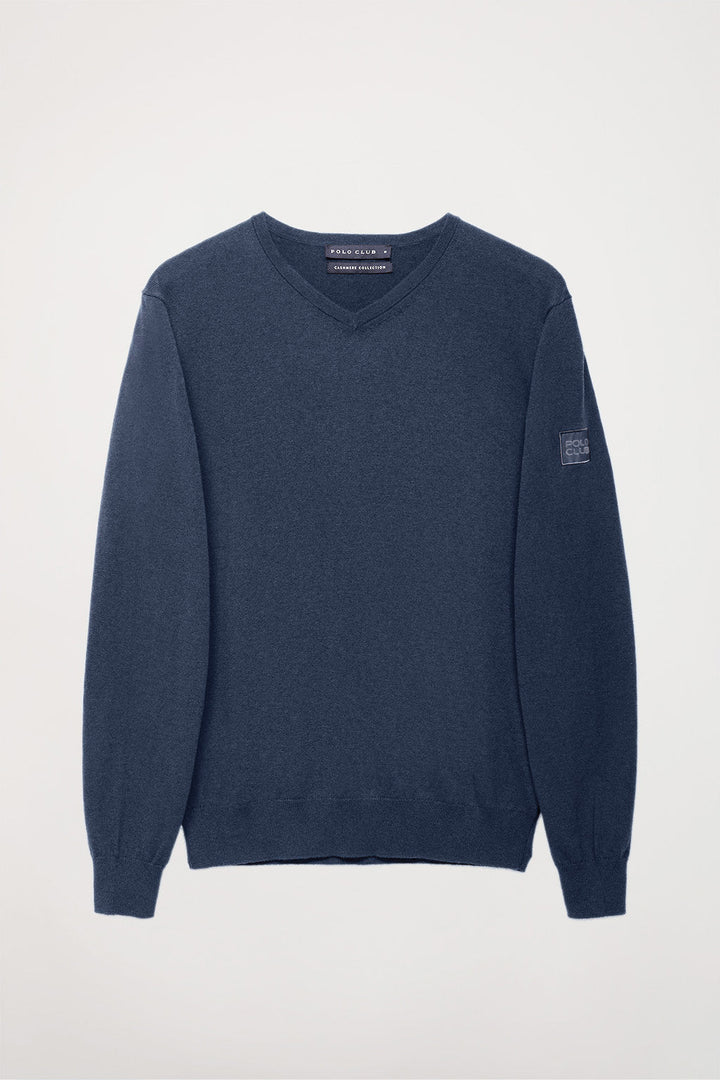 Denim-blue V-neck cashmere jumper