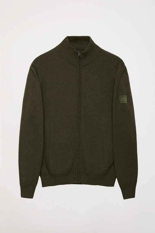Green zip cashmere cardigan with logo on sleeve