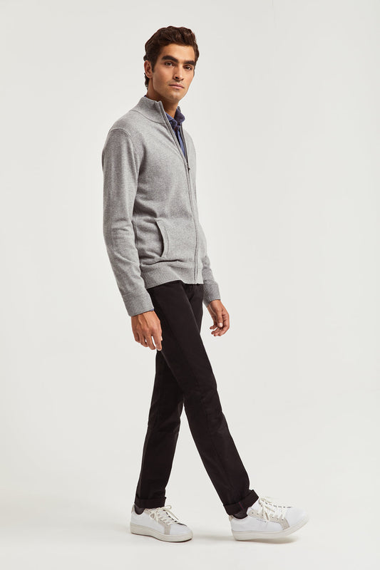 Grey zip cashmere cardigan with logo on sleeve