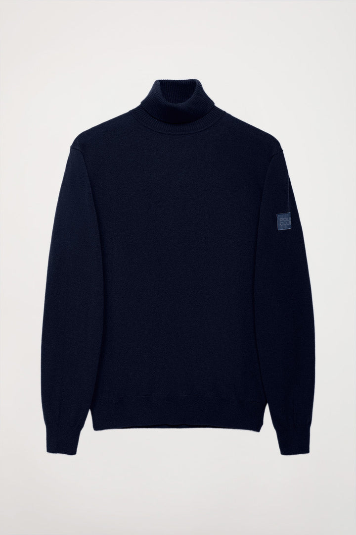 Navy-blue turtle-neck cashmere jumper with patch on sleeve