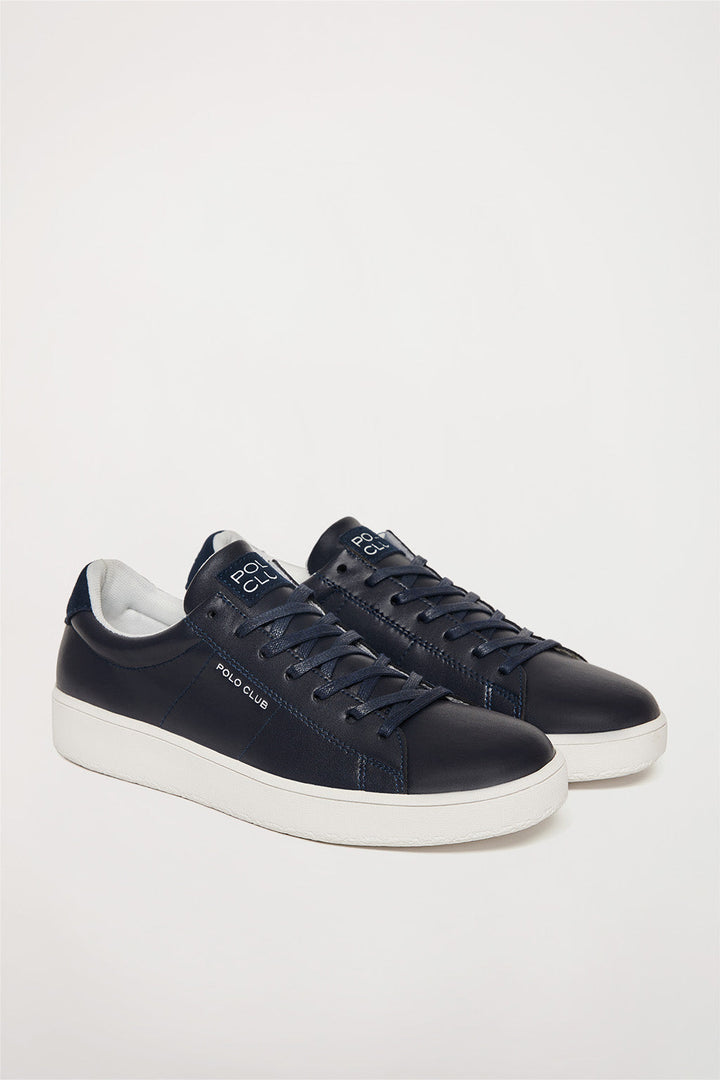 Navy-blue leather basic trainers