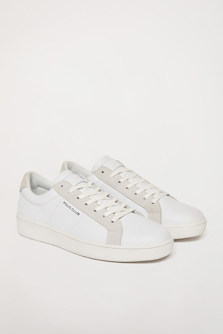 White basic leather trainer with suede details