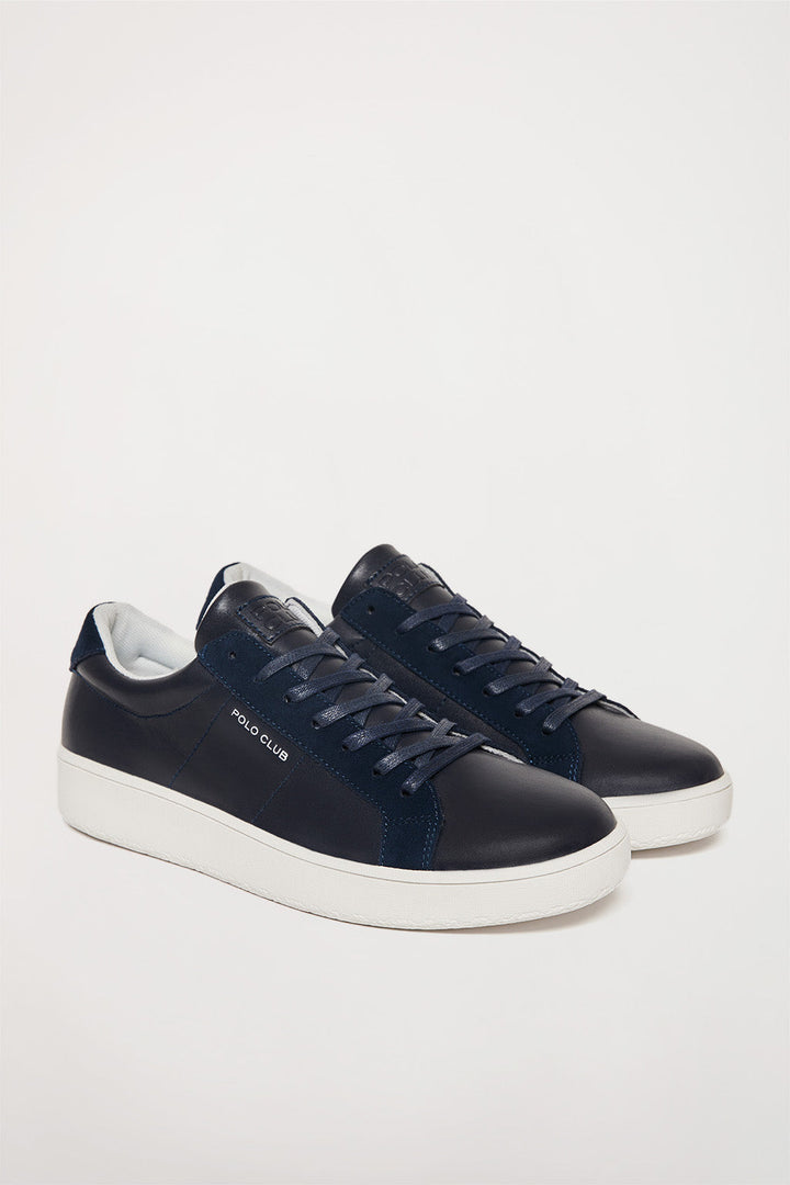 Navy-blue basic leather trainer with suede details