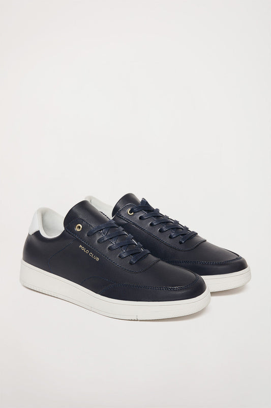 Navy-blue leather casual trainers with golden details