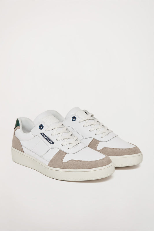 White and green leather casual trainers with rubber logo