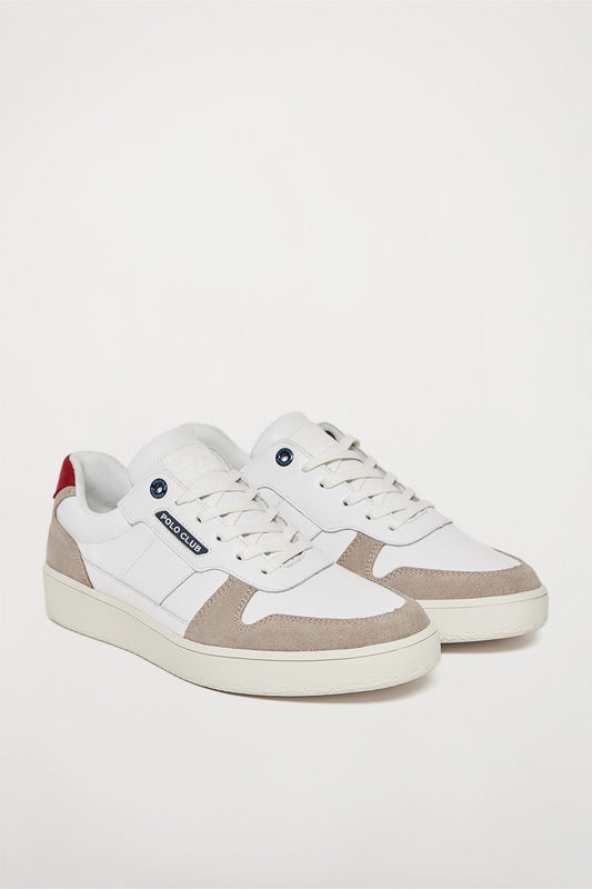White and red leather casual trainers with rubber logo