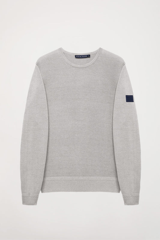 Stone-grey round-neck textured knit jumper with Polo Club logo