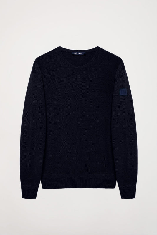 Blue round-neck textured knit jumper with Polo Club logo