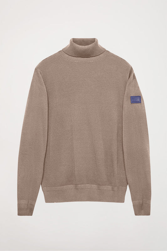 Camel high-neck textured knit jumper with Polo Club logo