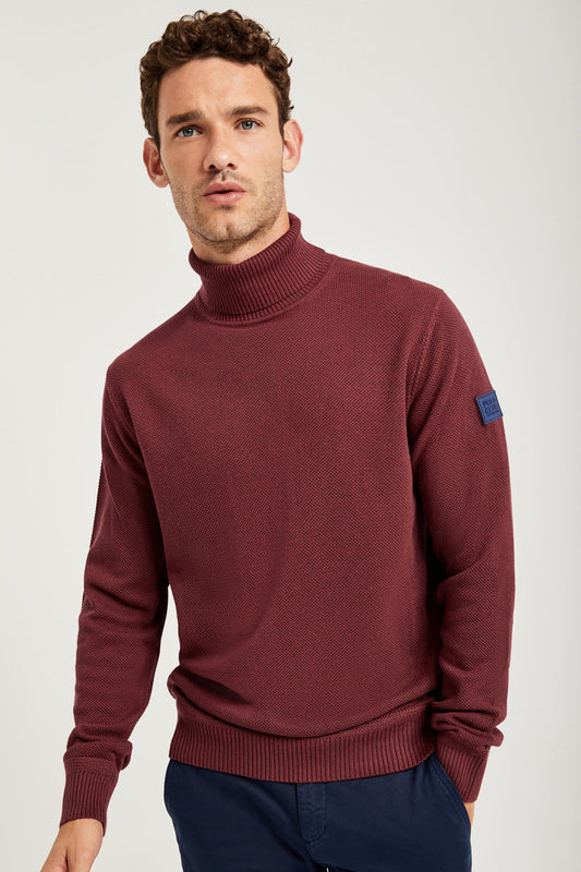Burgundy high-neck textured knit jumper with Polo Club logo