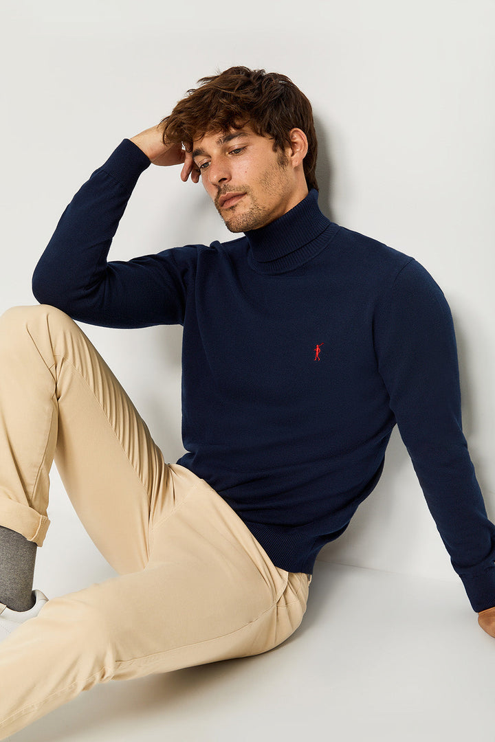 Navy-blue turtle-neck basic jumper with Rigby Go logo