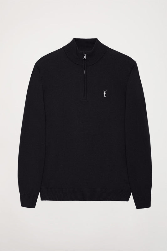 Black high-neck basic jumper with zip and Rigby Go logo