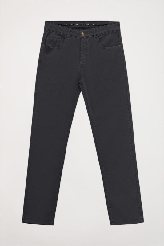 Dark-grey trousers with five pockets and embroidered logo