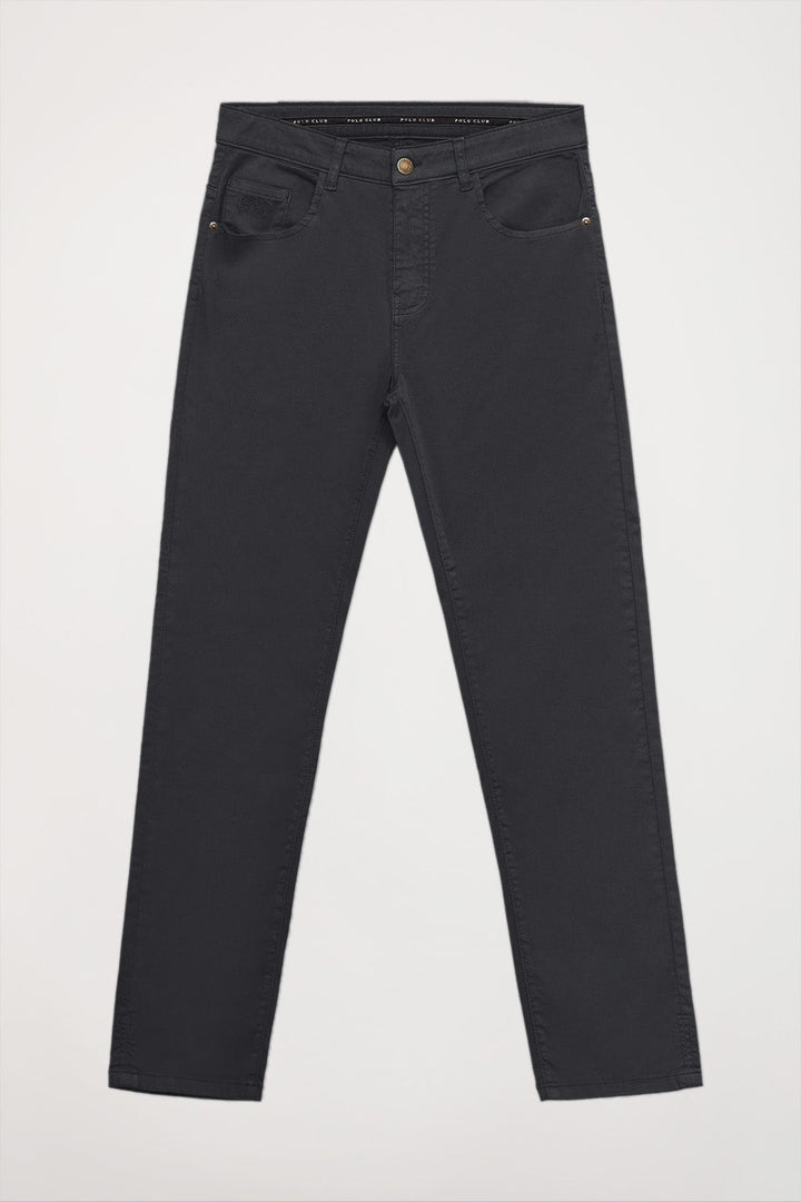 Pantaloni grigio scuro a cinque tasche con logo ricamato