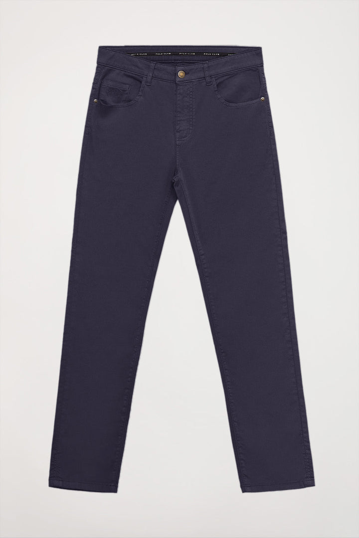 Navy-blue trousers with five pockets and embroidered logo