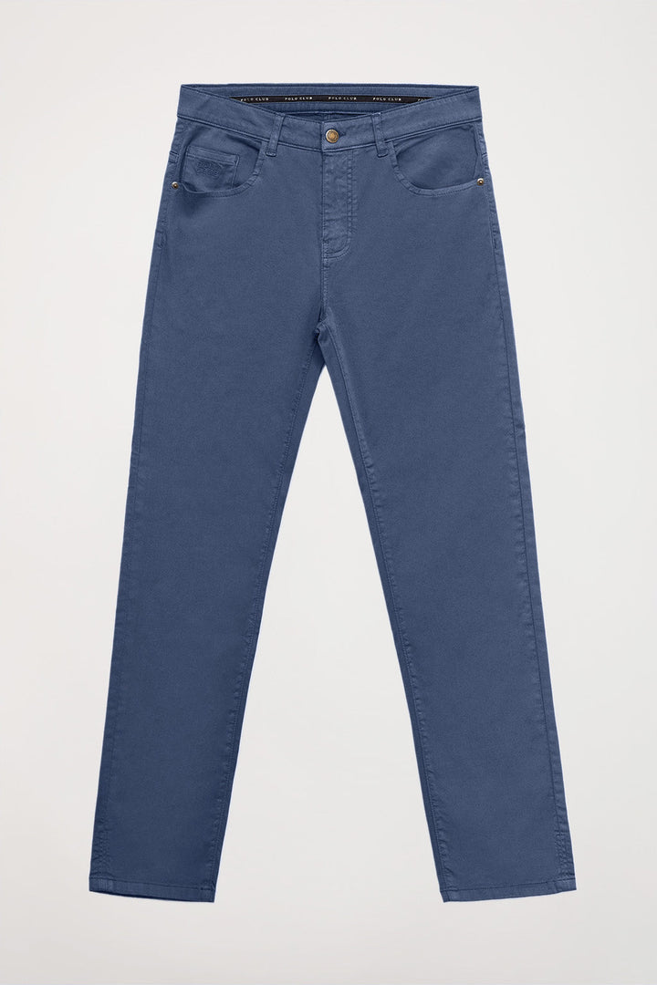 Denim-blue trousers with five pockets and embroidered logo