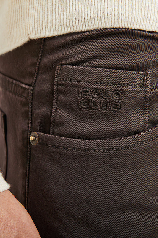 Ciemnobrązowe spodnie z pięcioma kieszeniami i wyszywanym logo