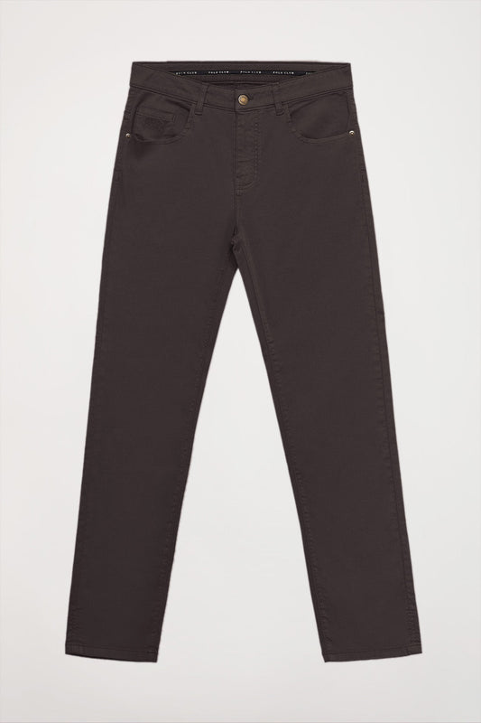 Dark-brown trousers with five pockets and embroidered logo