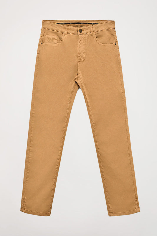Brown trousers with five pockets and embroidered logo