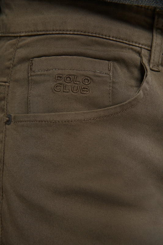 Dark-green trousers with five pockets and embroidered logo