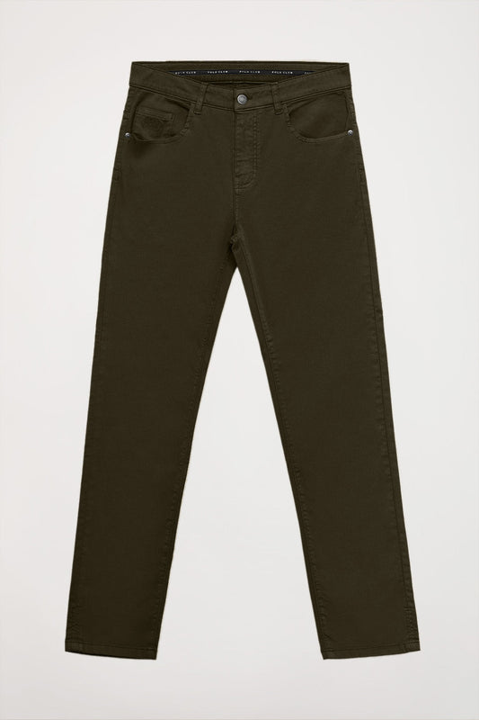 Pantaloni verde scuro a cinque tasche con logo ricamato