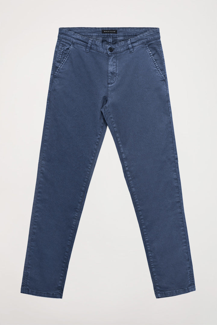 Pantalón chino azul denim de corte slim con logo Polo Club en bolsillo trasero