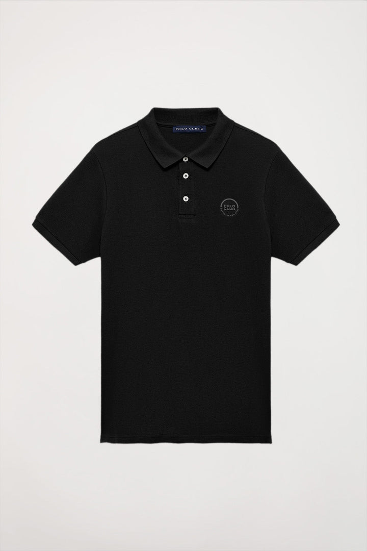 Black pique polo shirt with three-button placket and gummed logo