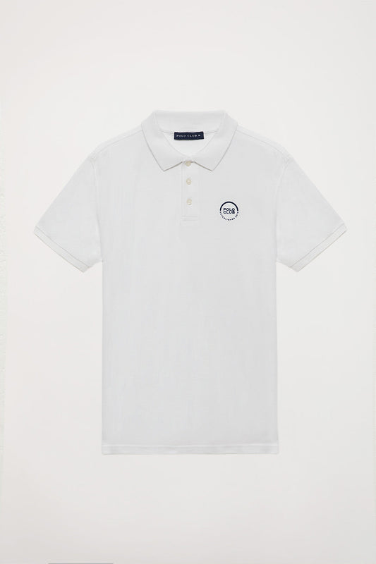 Biała koszulka polo pique z plisą z trzema guzikami i gumowanym logo