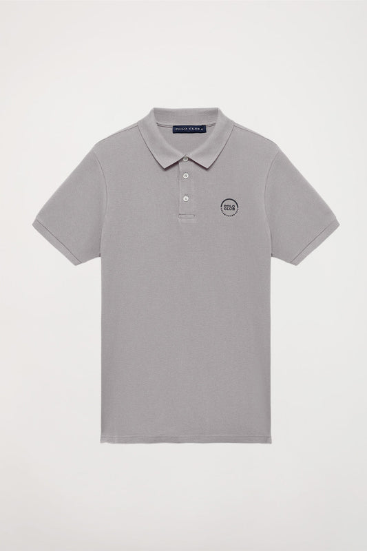 Piqué-Poloshirt grau mit Knopfleiste mit drei Knöpfen und gummiertem Logo